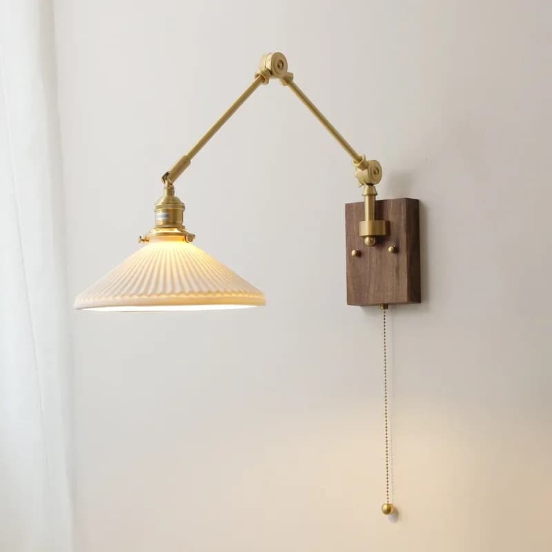 Lampada da parete in ceramica Comodino in legno di noce Scrivania per camera da letto nordica Lampada a vento silenziosa Lampada da parete regolabile con braccio oscillante lungo in ottone