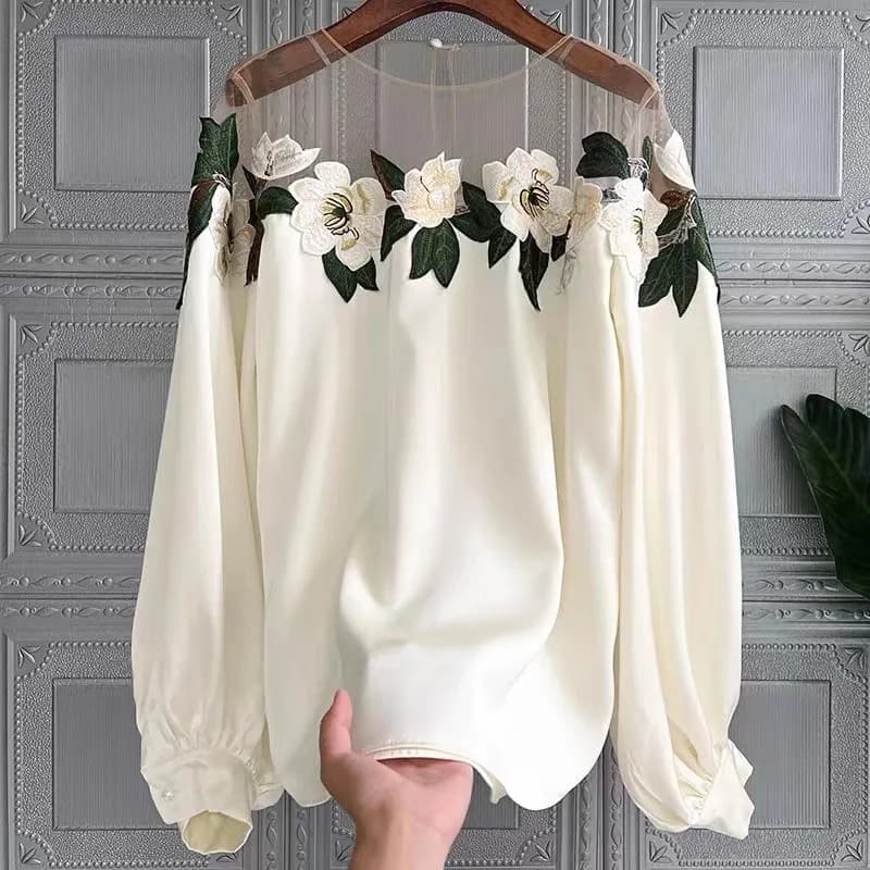 Floral Embroidery Blouse 2025 New Spring Long Sleeve Shirt Women Tops Autumn Sweet Mesh Round Collar Fashion Clothes 25565