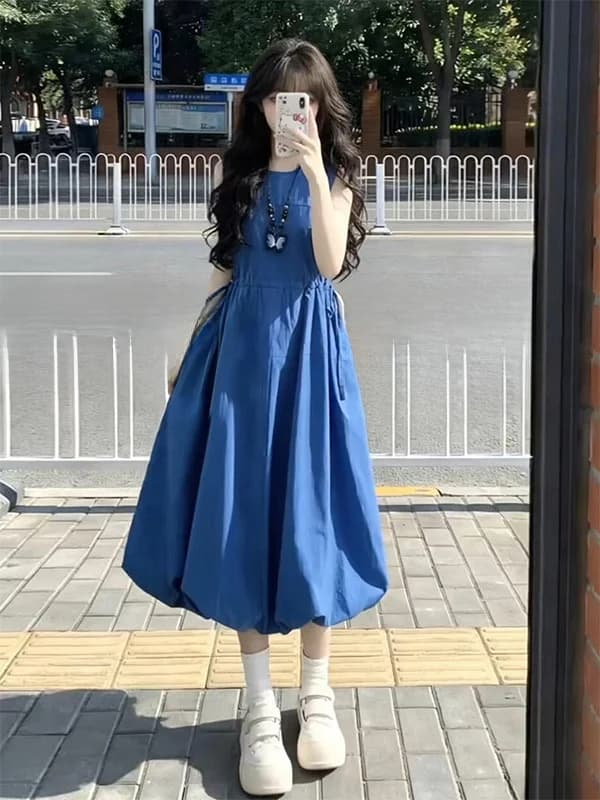 Abito Estivo Senza Maniche Blu Dolce da Donna, Nuovo Vestito Lungo a Fiori con Vita Stretta Stile Francese a Vita Alta