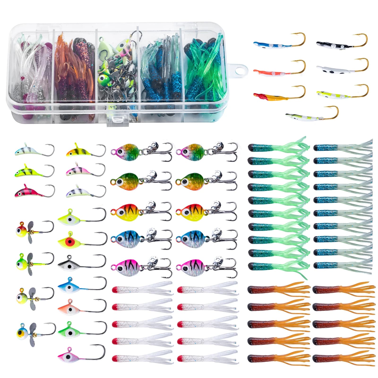 Set di Esche per Pesca sul Ghiaccio Goture - Esche Luminose, Spinner, Esche Morbide, Ami Affilati, Scatola Porta Attrezzi, Attrezzatura Professionale