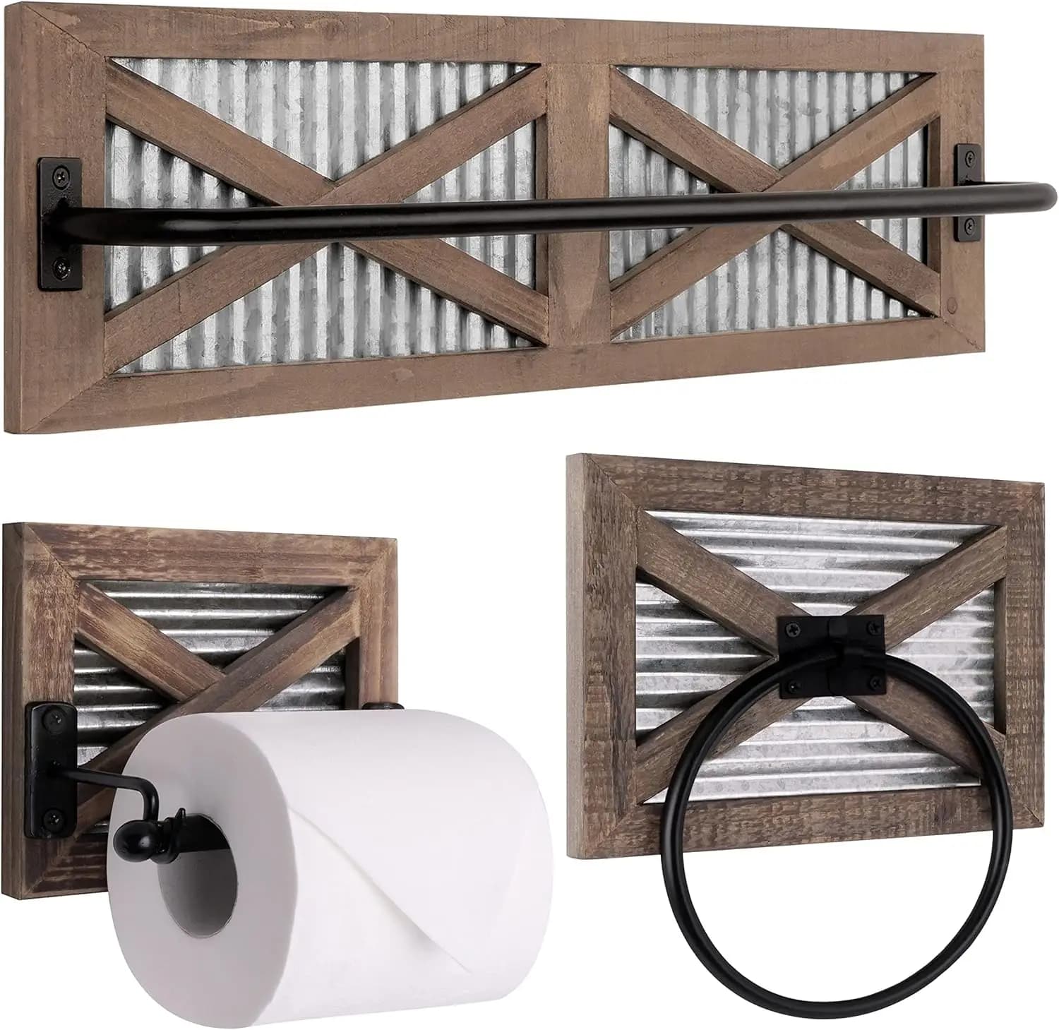 Set Bagno Rustico in Legno: Porta Carta Igienica, Anello Porta Asciugamani e Porta Asciugamani da Parete, 3 Pezzi per Arredamento Stile Fattoria