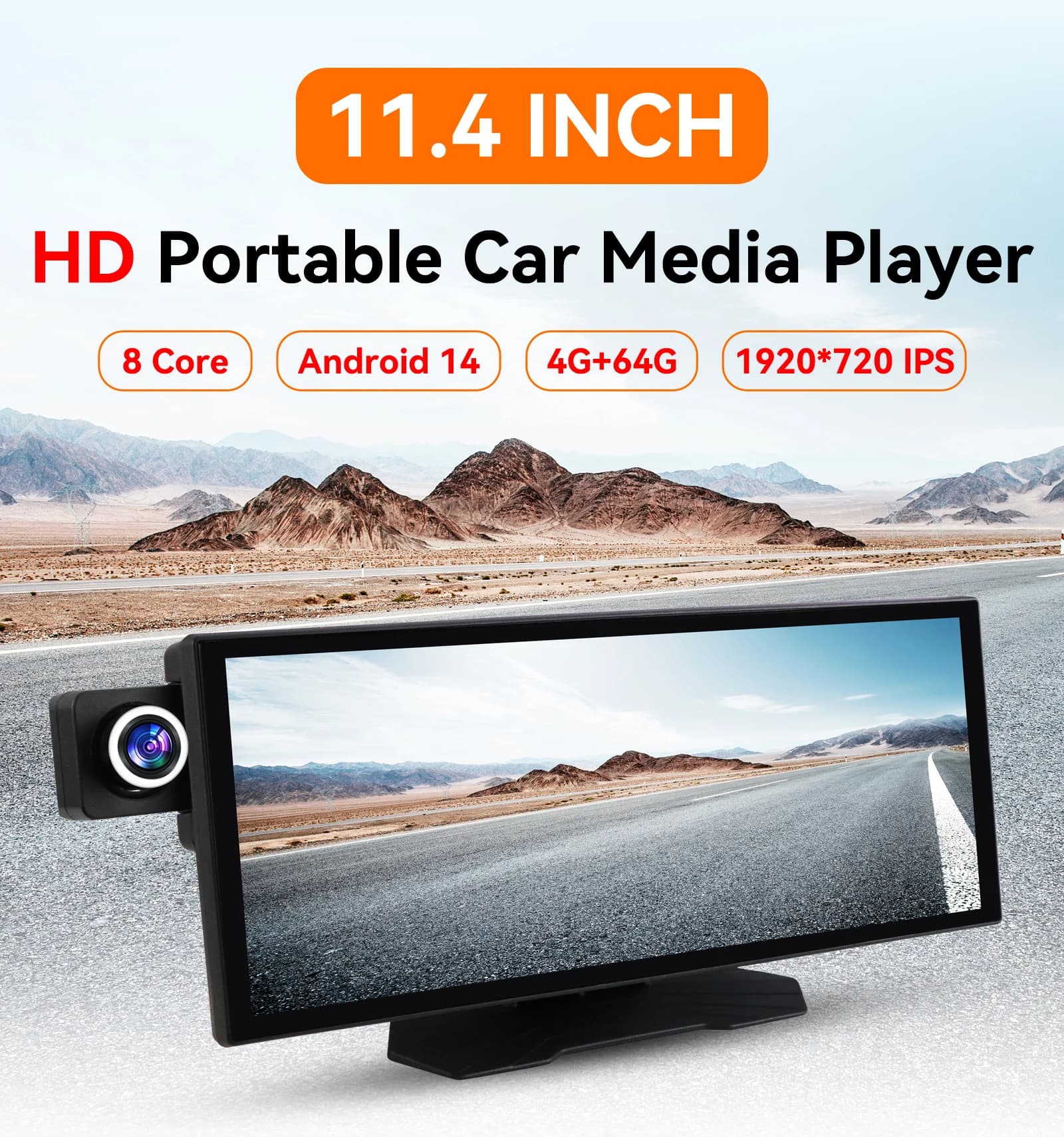 Multimedia Auto Reader Android 14 1920*720 Universal 8Core 4+64G Carplay Auto Dash Cam GPS WiFi 160° ° Adjustable photo lens