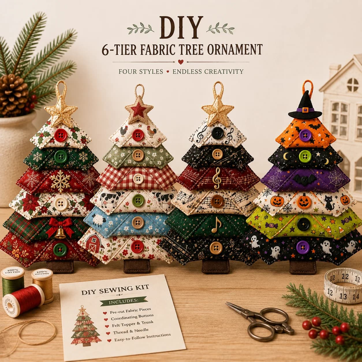 Layered Fabric Patchwork Quilted Tree Ornament DIY Sewing Kit ​Halloween Christmas Tabletop Decor