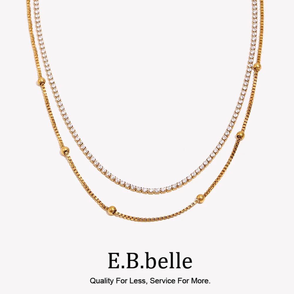Collana a doppio strato con strass E.B.belle, placcata oro 18 carati, in acciaio inossidabile impermeabile, gioielli da donna, idea regalo.