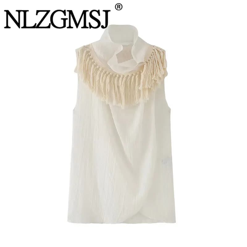 Nlzgmsj 2026 Summer Women's Vintage Boho Sleeveless Blouse with Fringe Draped Front Casual Summer Beach Vacation Top