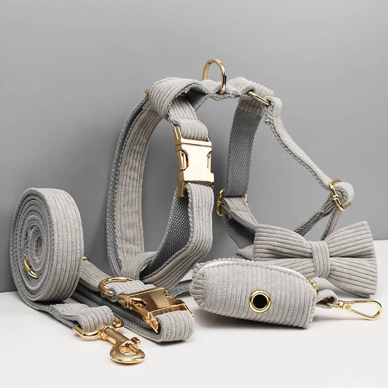 Set Collare e Guinzaglio per Cani in Corduroy Grigio Chiaro con Targhetta Personalizzata Incisa - Accessori per Animali Domestici Corduroy06