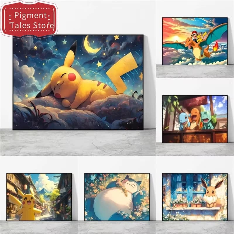 1pc frameless Japanese Anime Pokemon Pikachu Cartoon Oil Painting By Numbers Hand Painted Canvas Wall Art for Children Living Ro