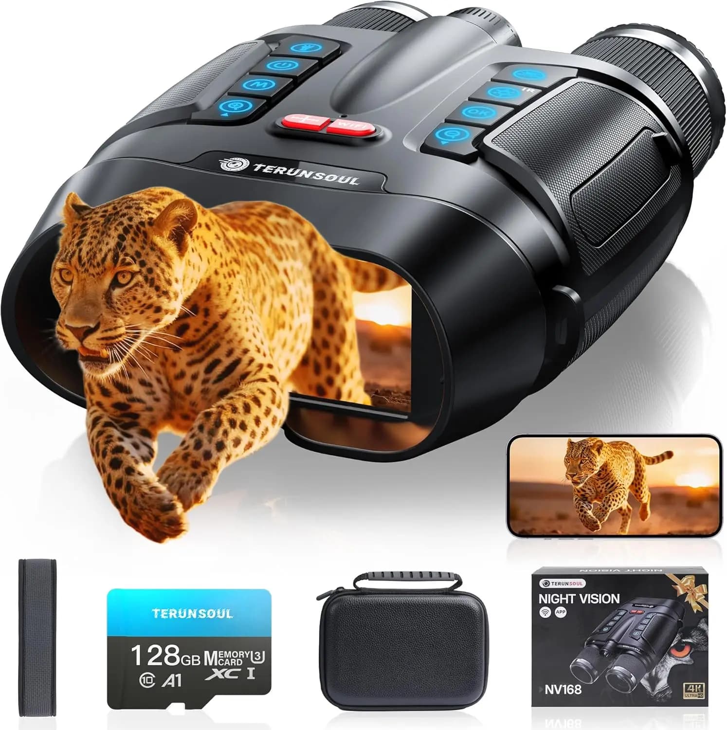 Binocolo con Visione Notturna 4K, Zoom 8X, Schermo UHD da 3'', Batteria da 10000mAh e Scheda da 128GB per Campeggio, Caccia e Sicurezza