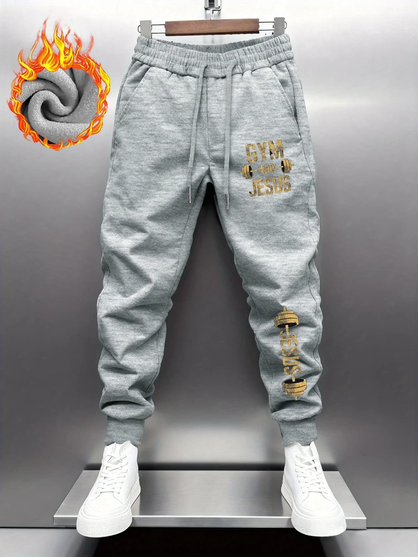 Distressed gold gym jesus letter with dumbbell print graphic sweatpants for men hip hop sports street jogger trousers