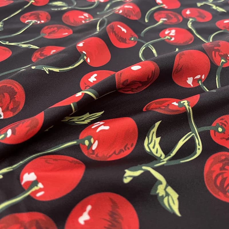 European and American Fashion Simulation Silk Stretch Satin Printed Fabric Brand Women's Dress Cherry Pattern Clothing Fabrics