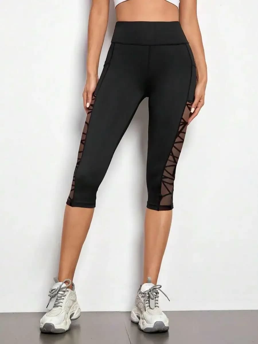 Pantaloni Capri da Yoga a Vita Alta per Donna con Motivi Geometrici in Rete, Traspiranti e ad Asciugatura Rapida