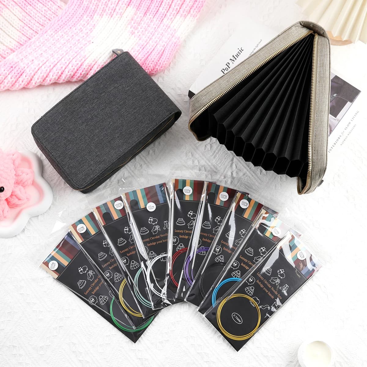9pcs 80cm Circular Knitting Needles Set 2.25-5.0mm Stainless Steel Crochet Hook DIY Yarn Weaving Tool Kit with Storage Bag