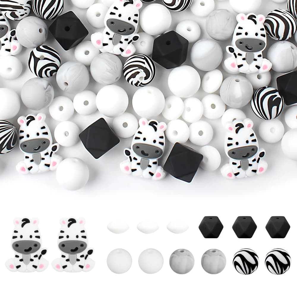 20/30 pezzi Set carino Zebra perline rotonde in Silicone Set gioielli fai da te braccialetto portachiavi accessori perline focali per la creazione di gioielli