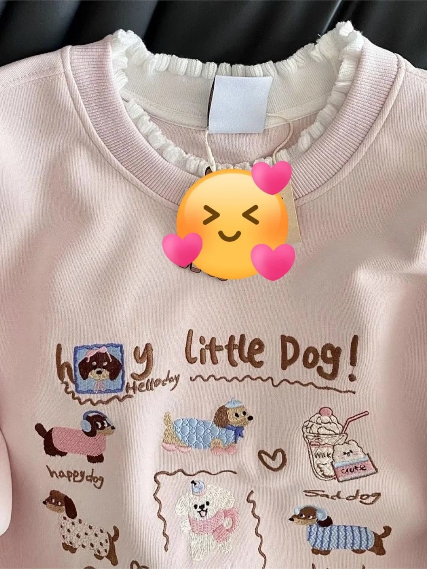 Felpa rotonda rosa ricamata da donna, design Sensation, resistente, con stampa di cane salchichetta, bianca, abbigliamento esterno che esalta la figura