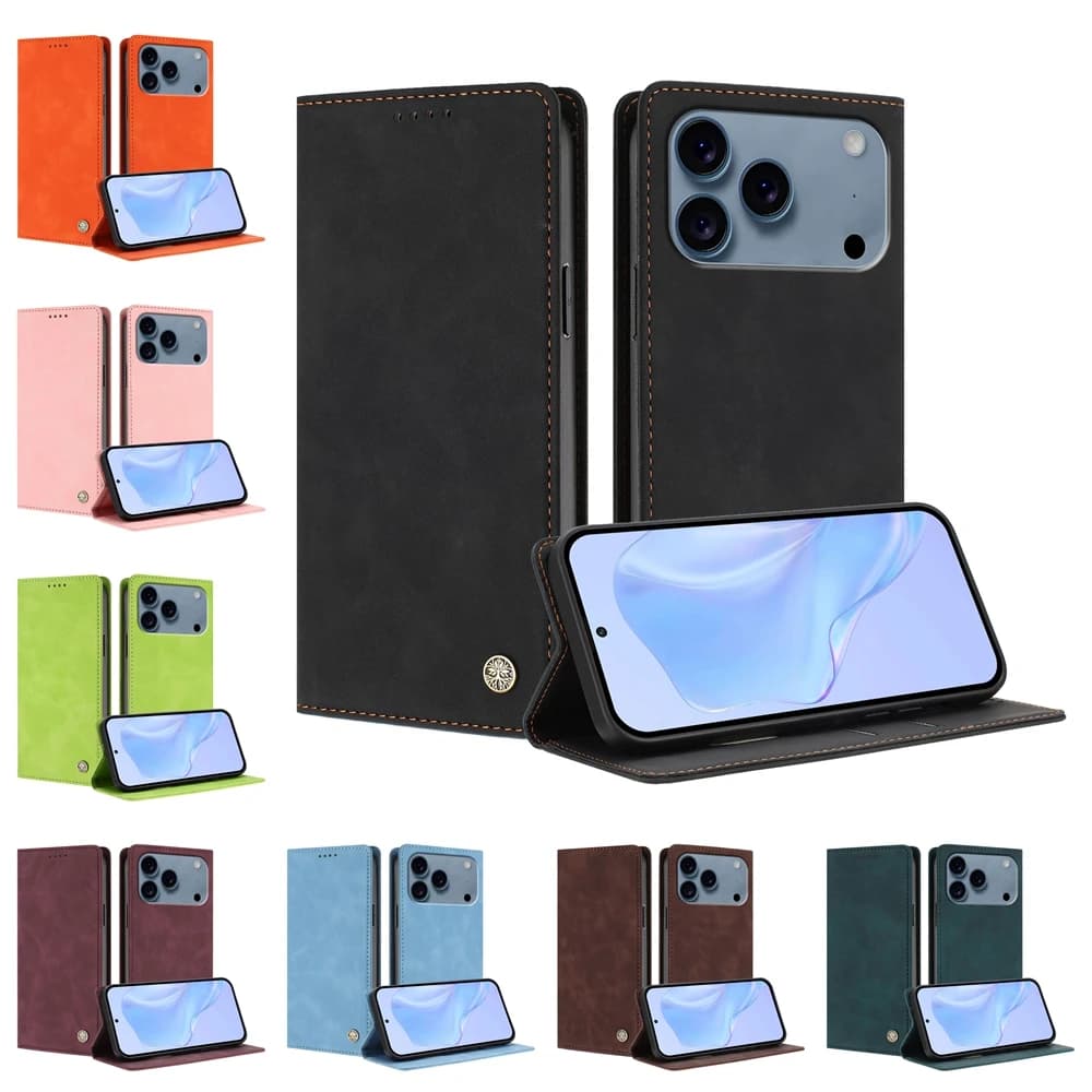 Custodia a Libro in Pelle con Protezione RFID per iPhone 17 Air 16e 16 15 14 13 12 Mini 11 Plus Pro XS XR Max