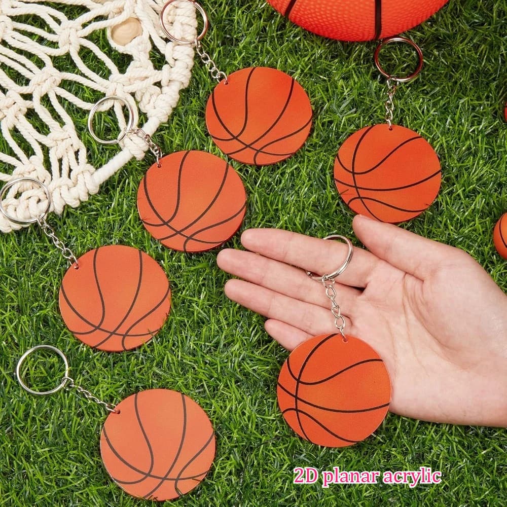 A set of basketball/calcium/balloon acrylic key rings, a set of sports themed wedding favors