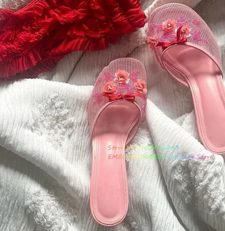 Pantofole cinesi con perline e paillettes in rete da donna Scarpe impreziosite floreali Punta tonda Tacco a spillo Scarpe eleganti nere rosa
