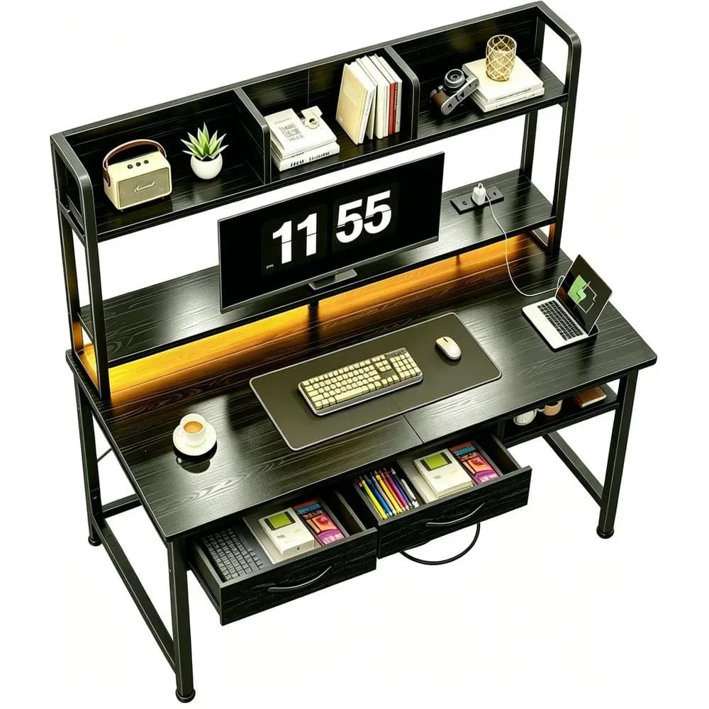 Scrivania per computer da 39,4 pollici con mobiletto superiore e supporto per monitor, scrivania da gaming con LED e presa di corrente, scrivania con 2 cassetti e 1 spazio di archiviazione aperto