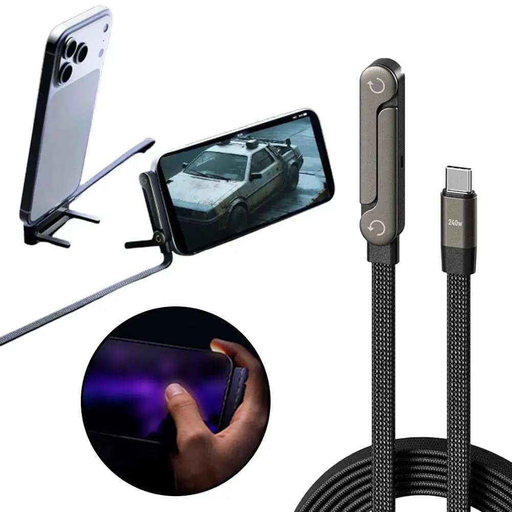 Cavo di ricarica pieghevole di tipo C con supporto Cavo 2 in 1 di ricarica rapida da 240 W per telefono/tablet da tipo C a C e USB-A a C
