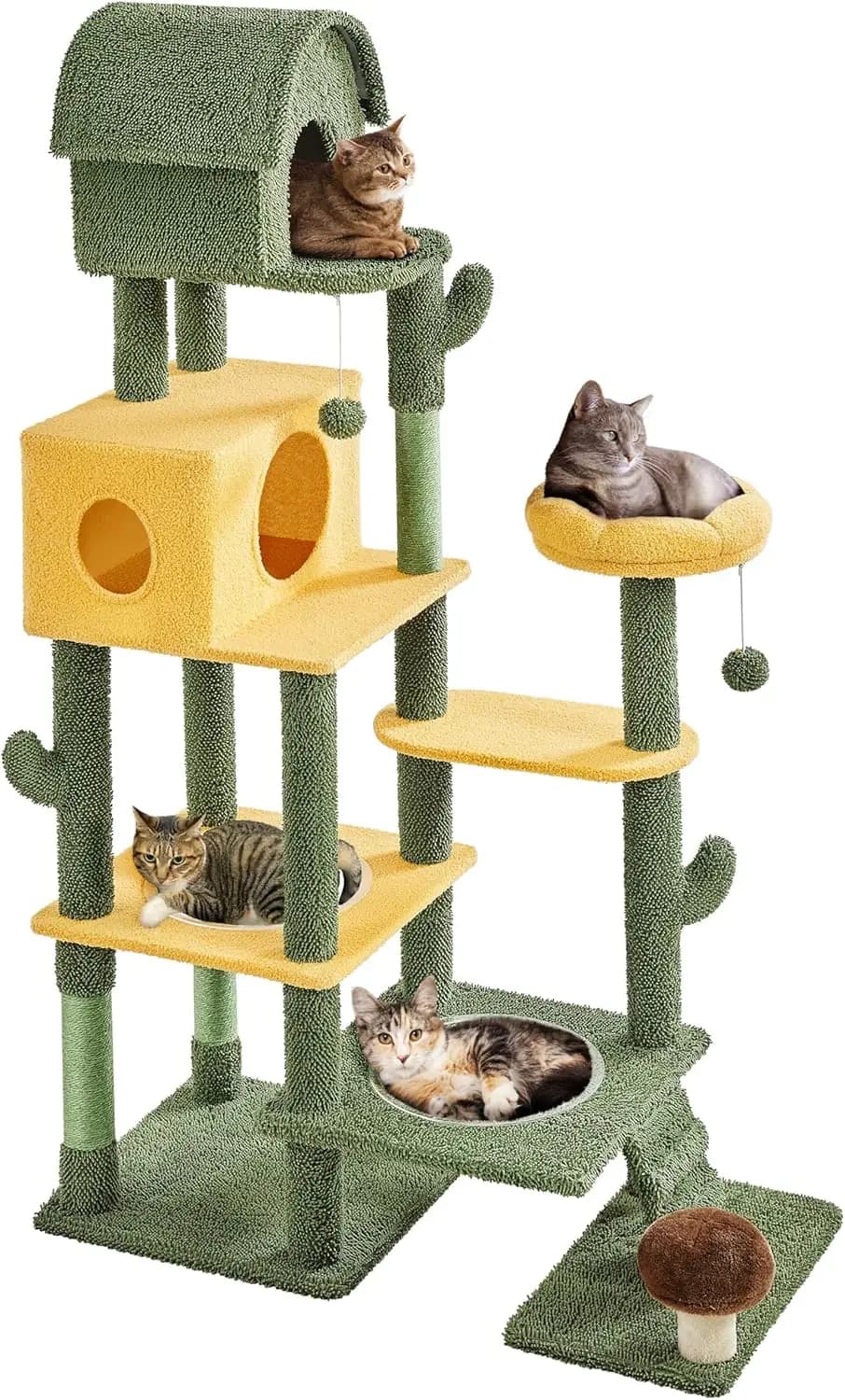 Grande Albero per Gatti a Forma di Cactus con Cucce, Tiragraffi, Ciotole e Giocattoli per Gatti da Interno, 174 cm