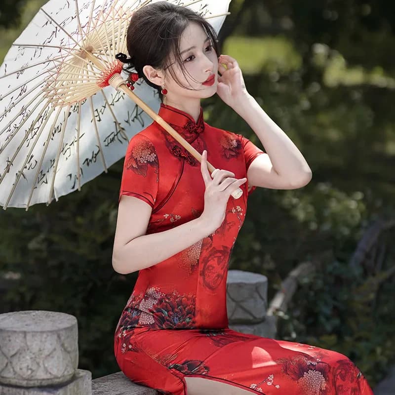 Primavera Estate Nuovo Cheongsam Lady Stampa Qipao Nuovo Stile Cinese Abito in Raso Stage Party Show Abiti Plus Size 3Xl 4Xl 5Xl