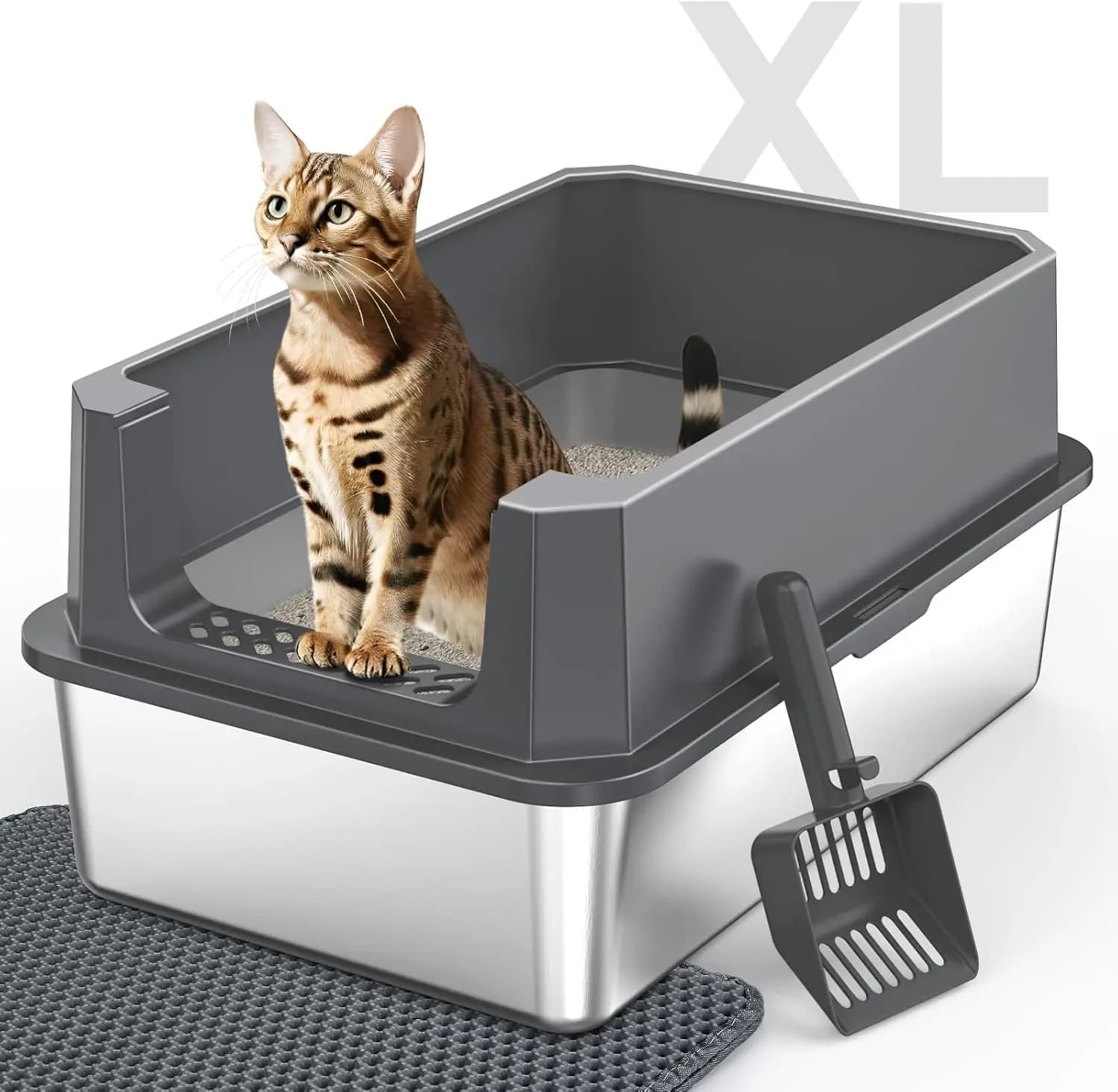 Lettiera per Gatti Extra Large in Acciaio Inossidabile con Coperchio, Design Anti-Perdita, Bordi Alti per Facile Pulizia e Paletta Inclusa