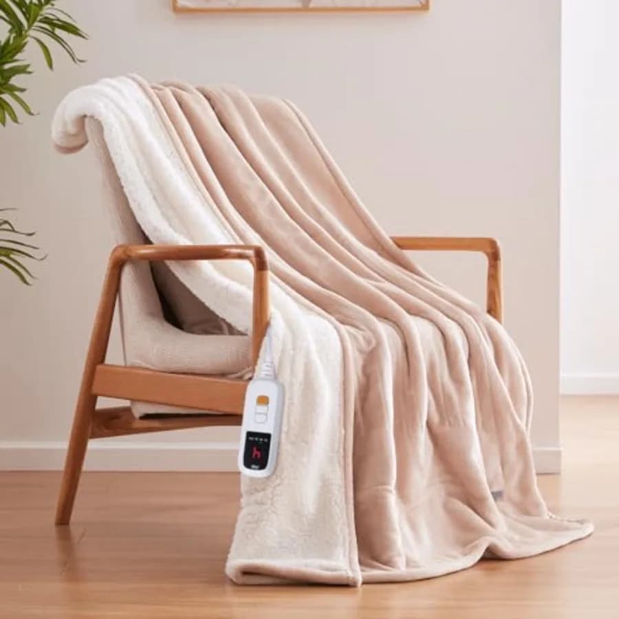 Coperta Elettrica Reversibile in Flanella e Sherpa, Misura 50"*60", Super Confortevole, con 6 Livelli di Riscaldamento e 2-10 Temperature Regolabili