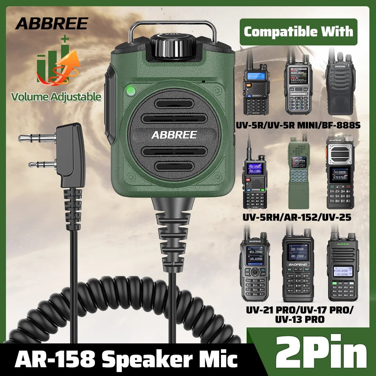 Microfono ricaricabile ABBREE AR-158 a 2 pin con altoparlante e pulsante PTT per radio bidirezionale Baofeng UV 5R BF 888S UV 21 PRO