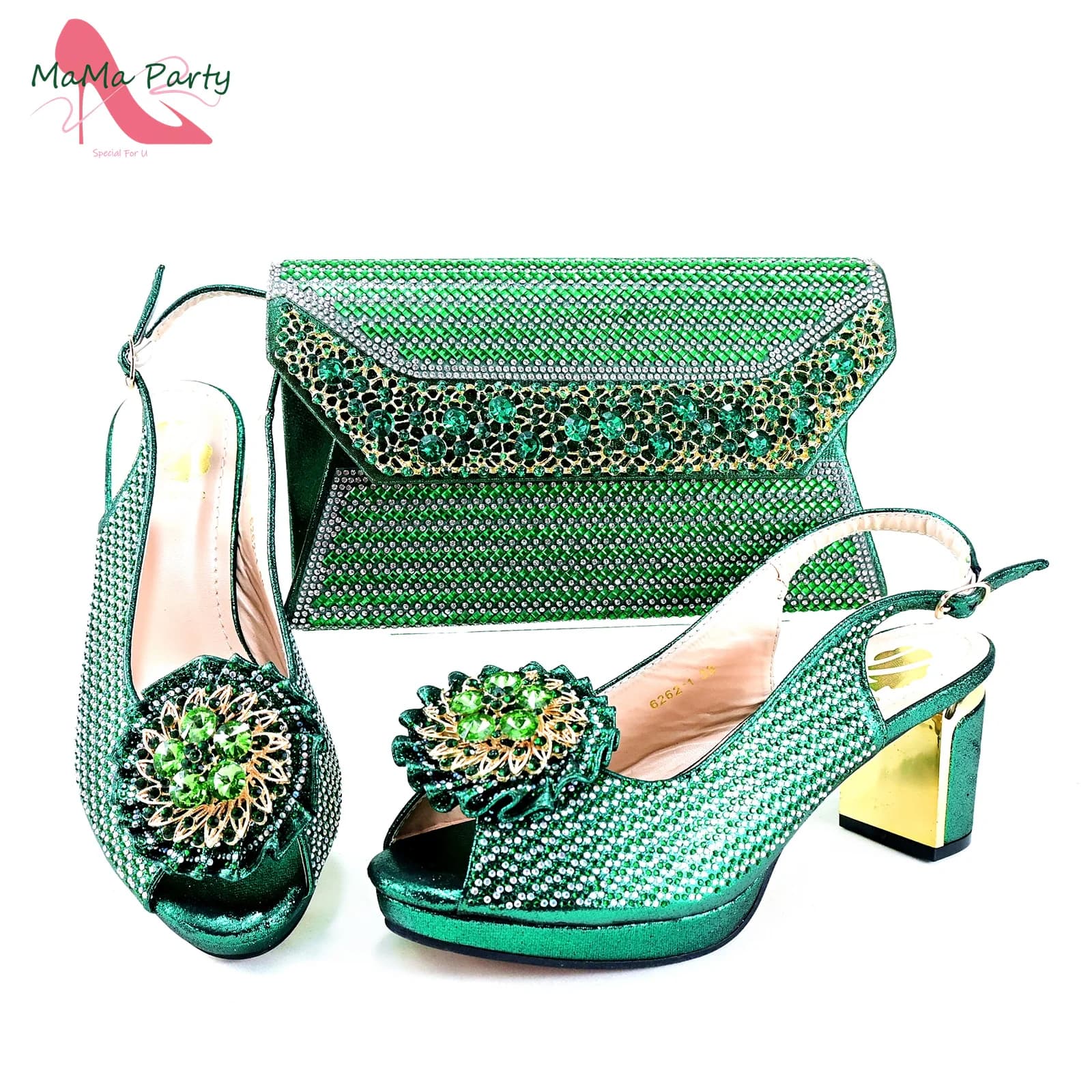 Set di borse abbinate per scarpe da donna italiane mature in colore verde Tacchi comodi da 7 cm con sandali eleganti con punta aperta