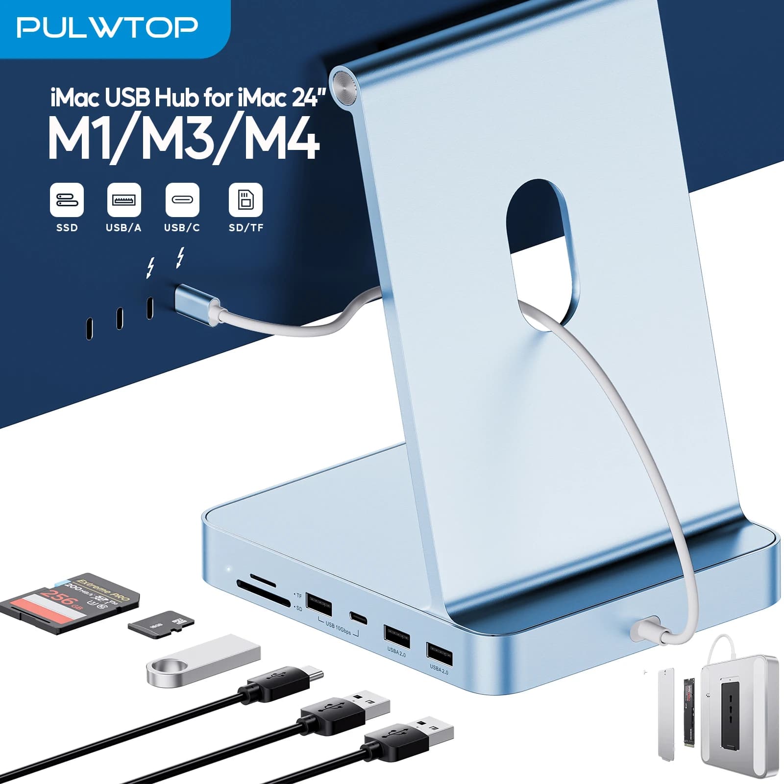 HUB USB C PULWTOP per iMac 24 pollici 2021/2023/2024, hub iMac con USB C/A 10 Gbps, SD/TF, supporto per espansione SSD M.2 (NON incluso)