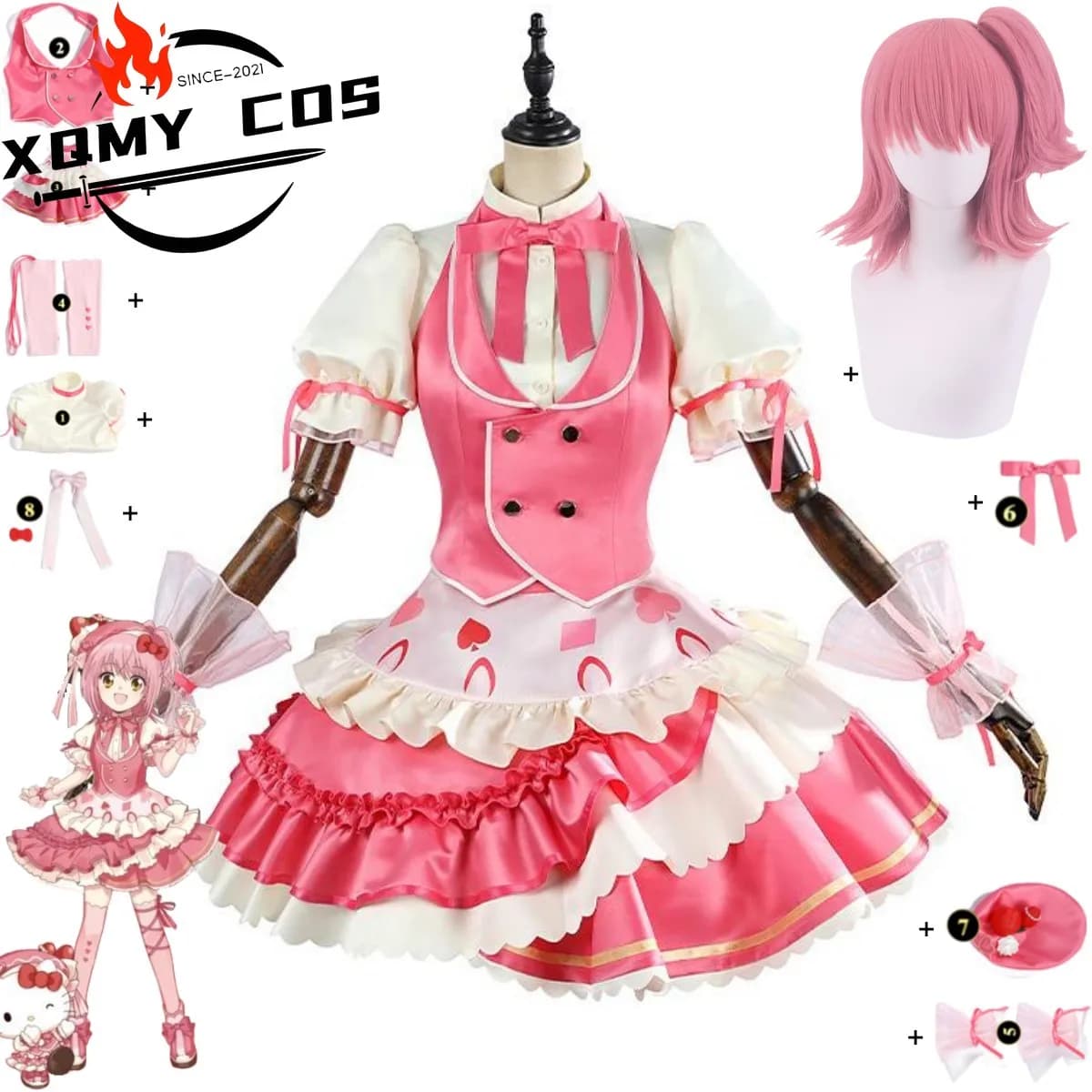 XQAnime Shugo Chara Hinamori Amu Costume Cosplay Rosa Abito da principessa Lolita Gonna Gilet Parrucca Donna Carino Festa di compleanno Vestito