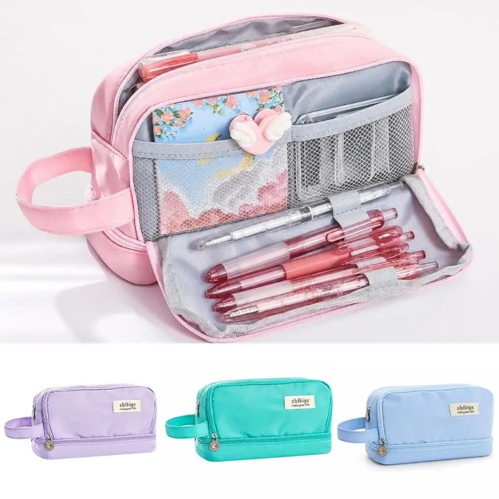 Portable Two Layer Pencil Case Large Capacity Zipper Closure Storage Bag with Lifting Handle Stationery Box School
