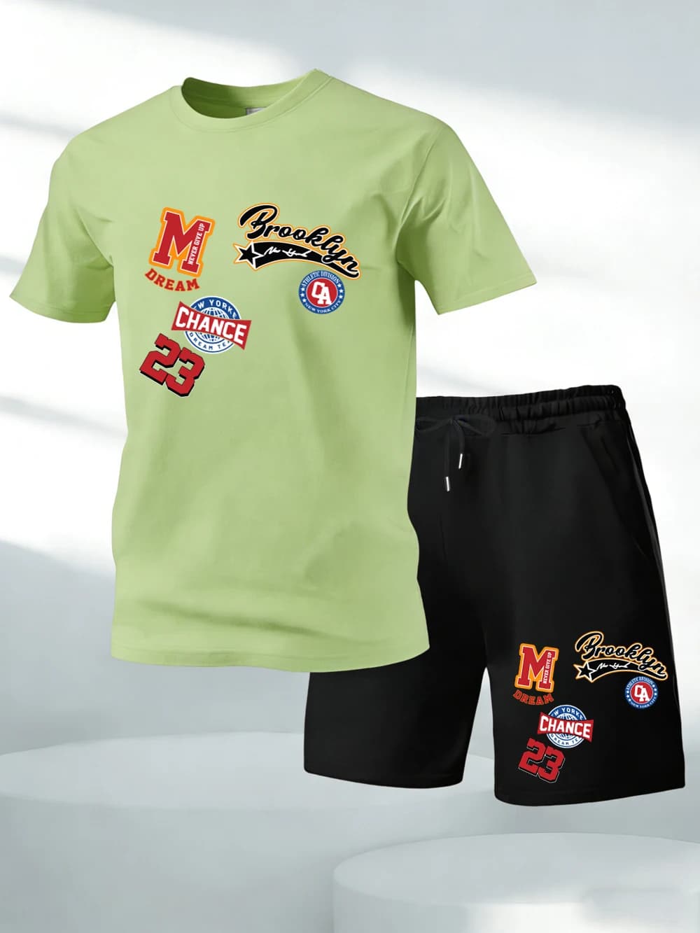 Set Two Pieces with Print 'New York Brooklyn Dream', Top in Cotton and Shorts, T-Shirt Oversize Soft with Round Neck and Pockets, High Waist Pants for Men
