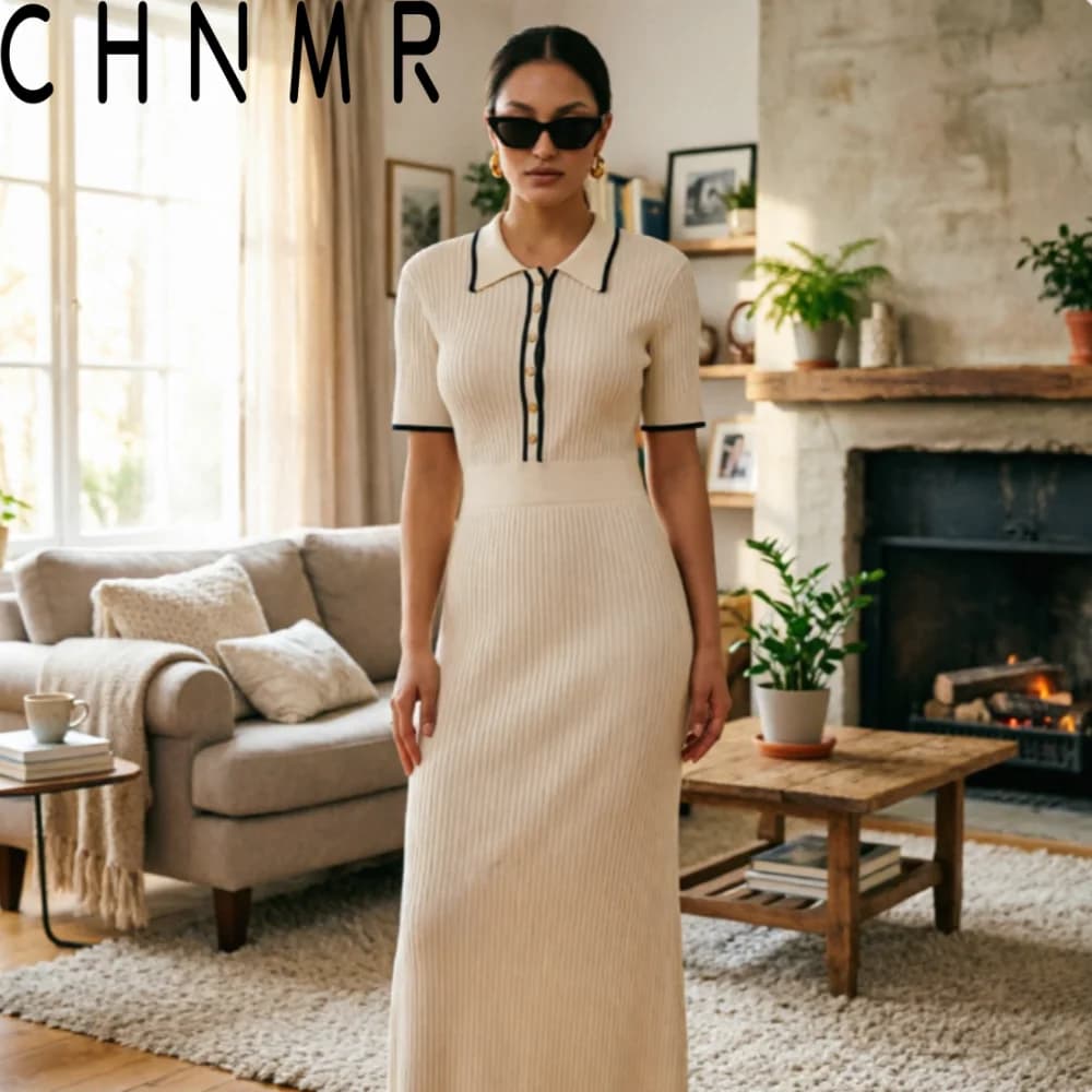 Abito Lungo Elegante da Donna in Maglia Bianca, Casual, a Maniche Corte, con Patchwork e Colletto, per Feste, Ufficio e Lavoro Quotidiano