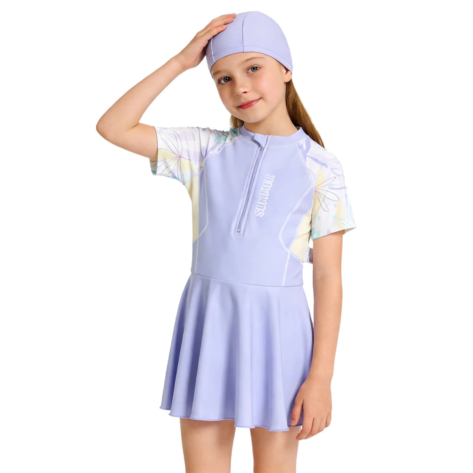 Baby swimsuit, short sleeve dress, mini dress with volant, built-in shorts, swimsuit with swimming hat for water sports in the pool