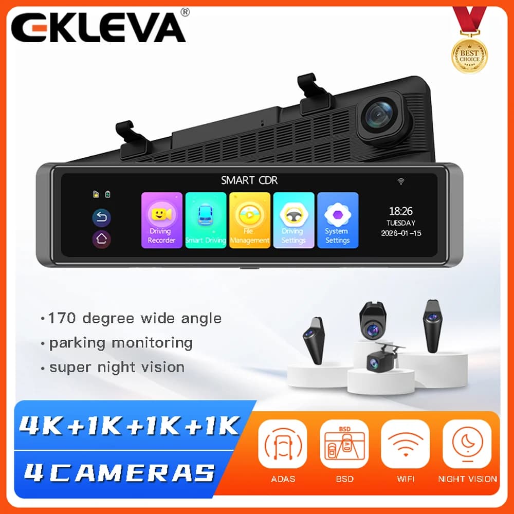 EKLEVA 4 Canali Dash Cam 11.26 Pollici 4K WIFI Specchietto retrovisore 4 Telecamere Videoregistratore Auto DVR ADAS BSD Visione notturna 24H Parcheggio