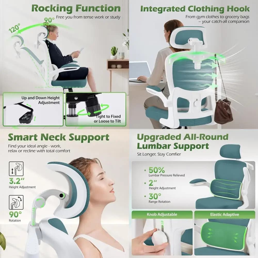 Sedia da Ufficio Ergonomica con Supporto Lombare Regolabile, Schienale Alto in Rete Traspirante, Girevole con Ruote per Casa, Ufficio o Gaming