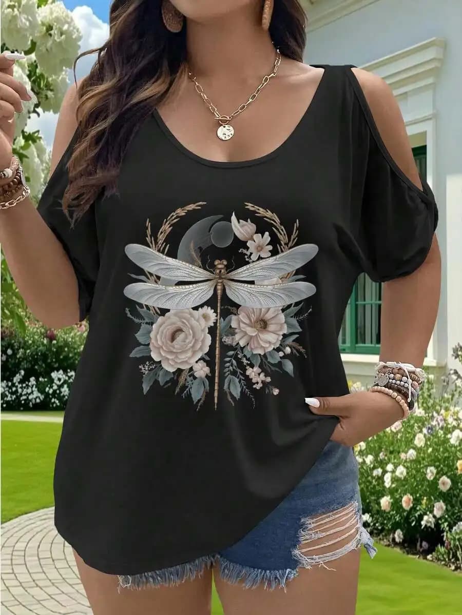 T-shirt oversize da donna nera con stampa floreale a forma di libellula, top casual estivo