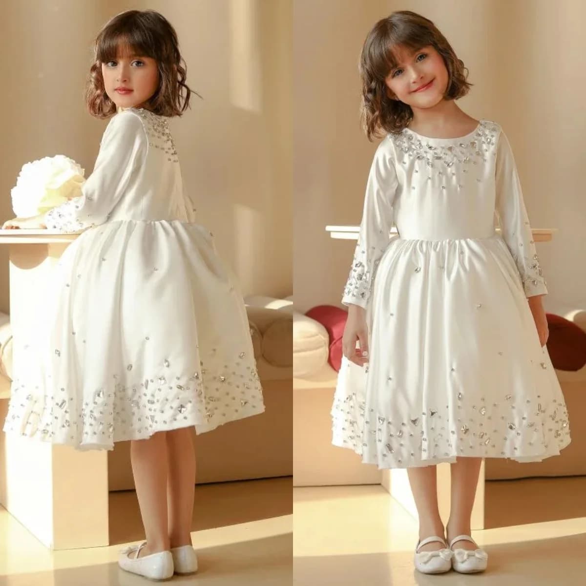 Abiti da damigella bianchi in cristallo per matrimonio, personalizzati, a maniche lunghe, abiti da principessa per bambina, abiti per la prima comunione