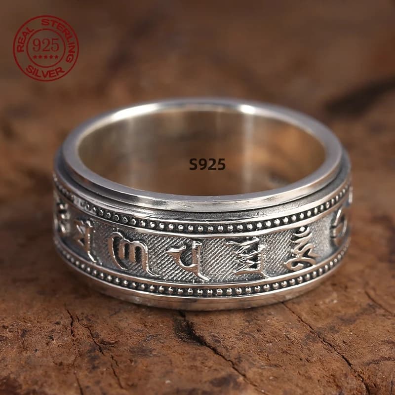 Anello in argento sterling S925 Uomo Donna Retro Buddista a sei caratteri Grande anello Mantra Maschio Femmina Amuleto Gioielli Regalo squisito