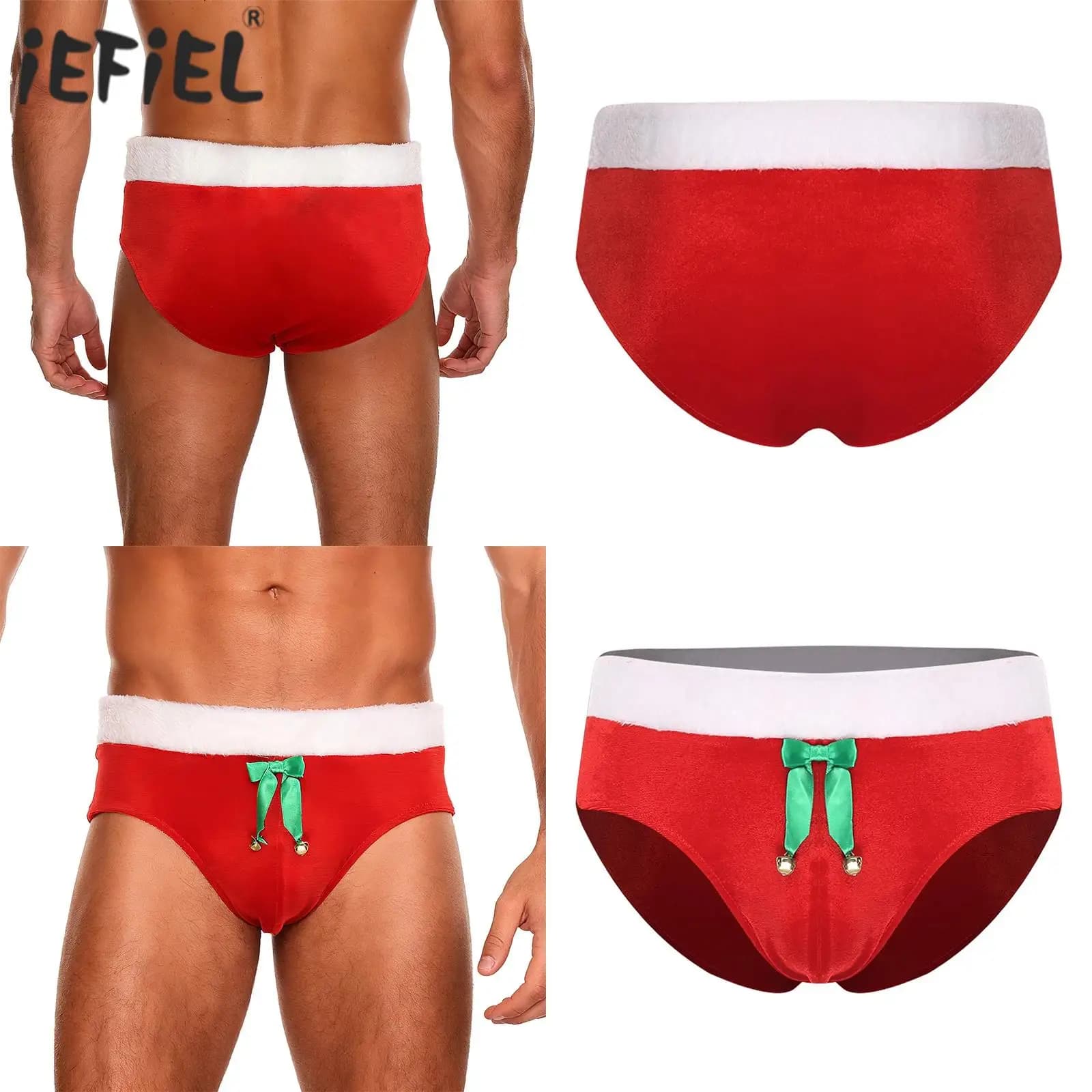Velvet men's Christmas Underwear, Santa Claus briefs with a sticky plush belt and cascabelle for Christmas holiday festival