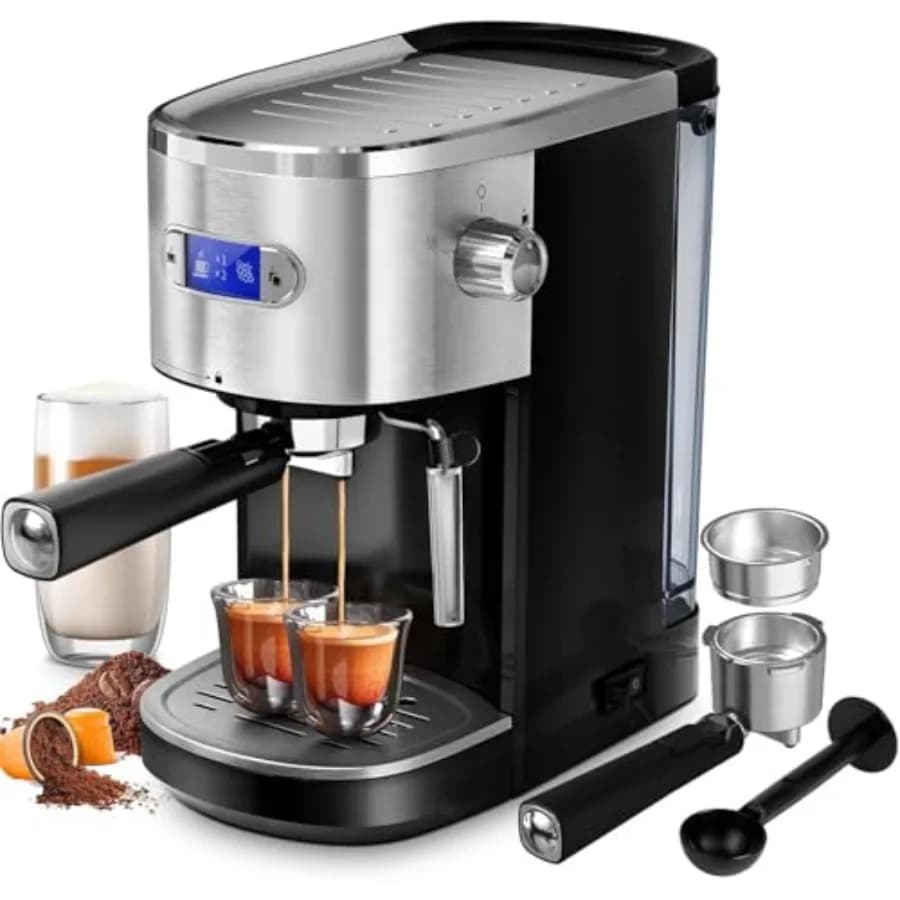 Macchina per Espresso Commerciale 20 Bar, Compatta in Acciaio Inox con Lancia Vapore per Montare il Latte, Nera
