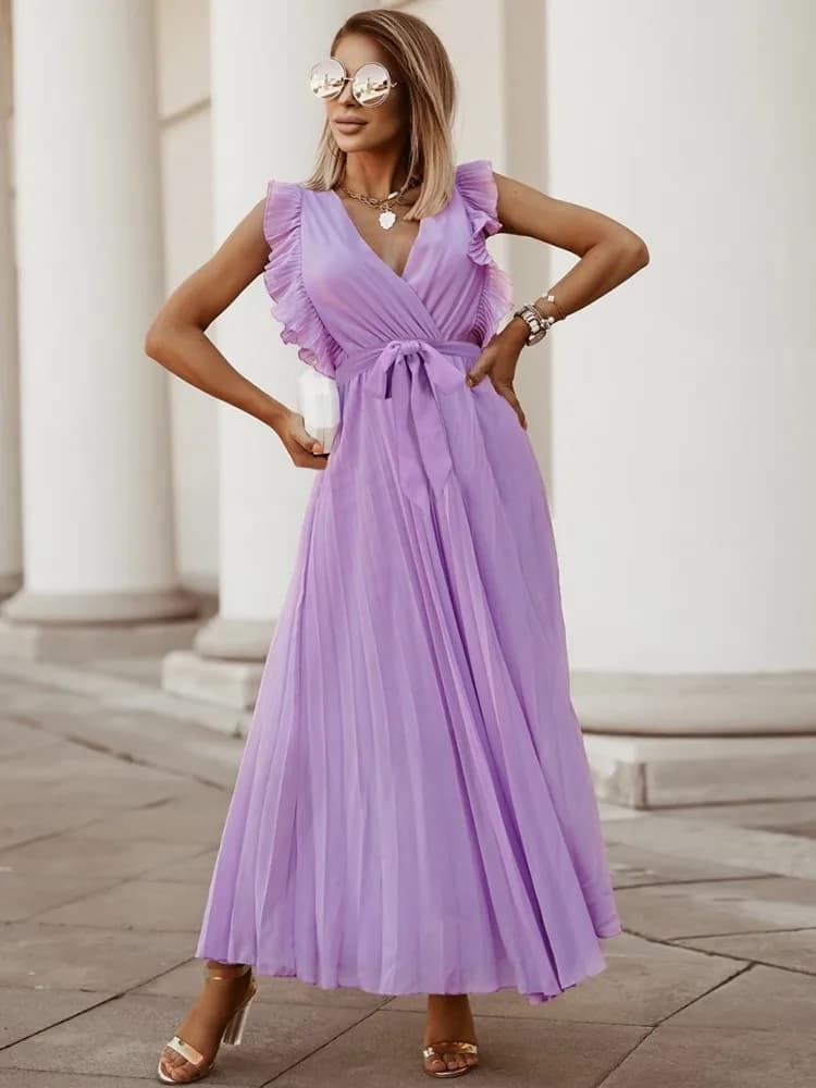 Moda elegante tinta unita abiti pieghettati donna scollo a v vita alta Leace-up maniche arruffate abito lungo in Chiffon abiti femminili