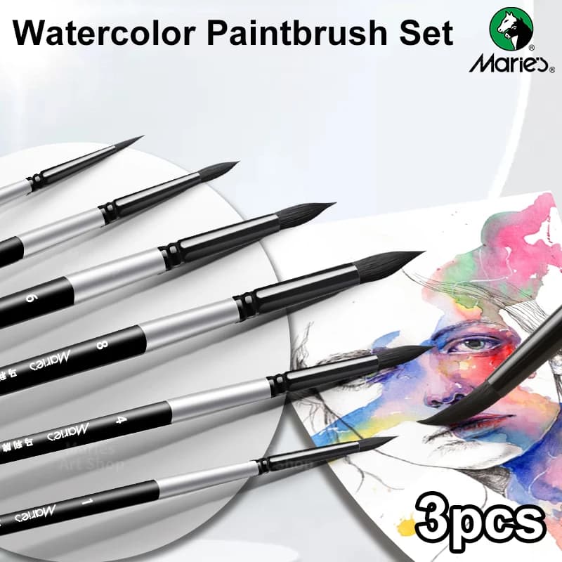 Marie's 3pcs Watercolor Paint Brushes Set for Adults,Nylon Hair & Long Handle for Water Color,Acrylic,Oil, Gouache,Ink,Detail