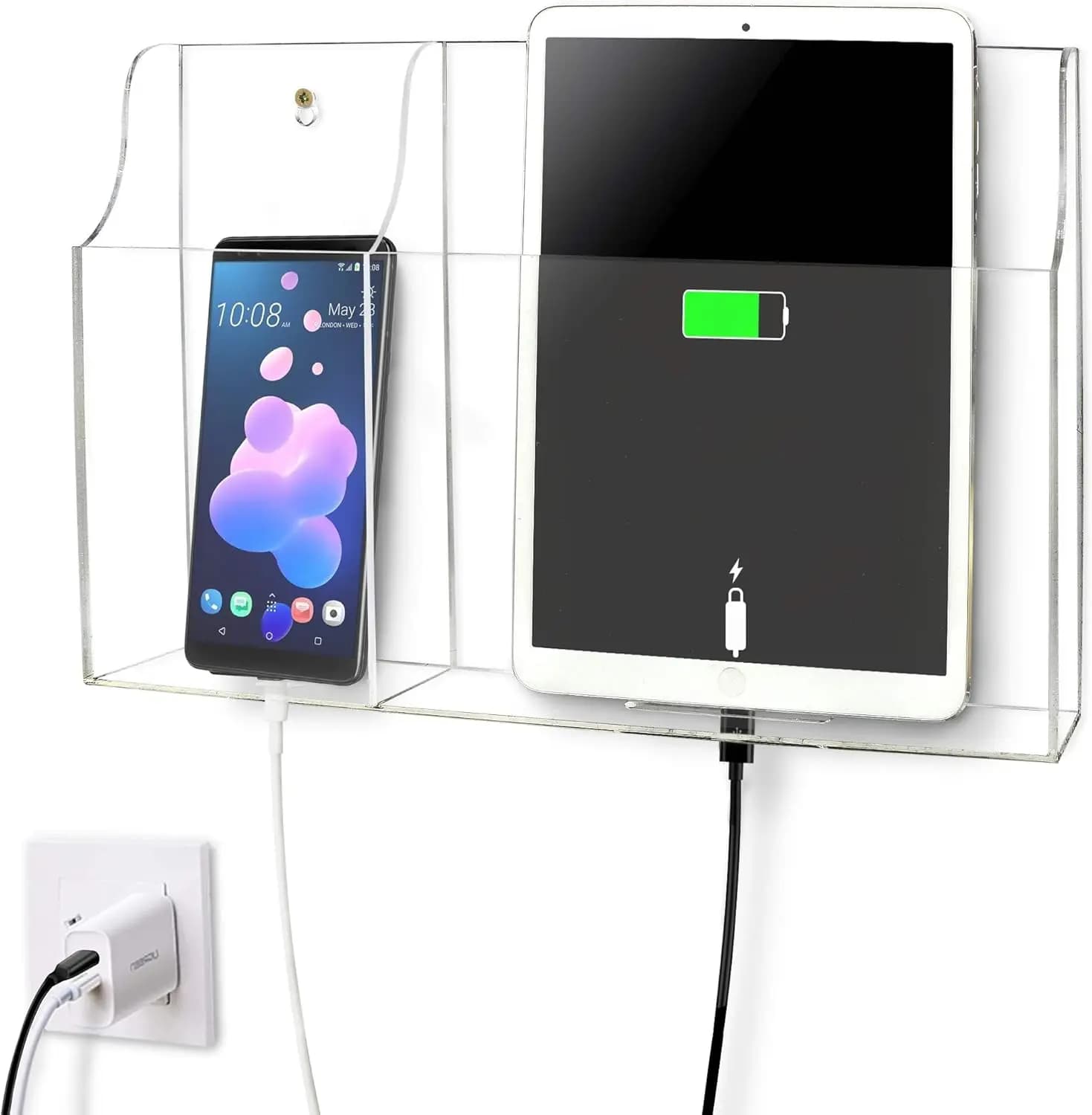 Wall Mount Tablet & Phone Charging Stand, 2-Slot Remote Holder for TV, Clear Acrylic Media Organizer - Size Upgrade
