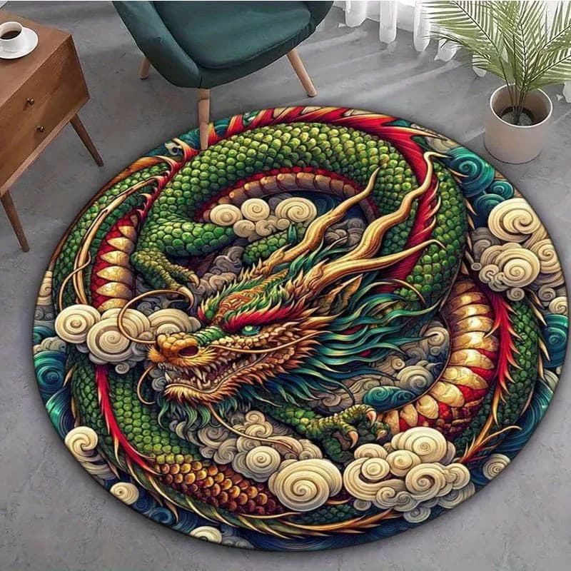 Round carpet with mystical dragon, office polyester decorative mat, living room, bedroom, yoga, balcony, travel, washable carpet