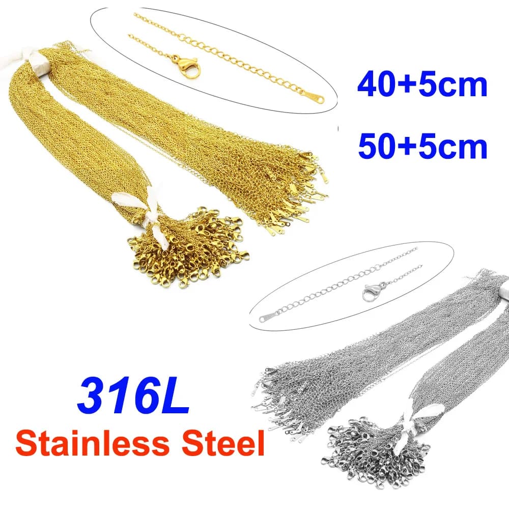 100pcs/lot 40-55cm Never Fade 316L Stainless Steel Cable Link Rolo O Chain Necklace Chains Wholesale Women DIY Jewelry Making