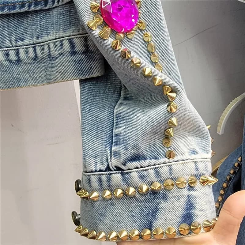 Streetwear Diamanti Rivetto Tasca grande Giacca di jeans a maniche lunghe Donna Casual Cowboy Capispalla Giacca di jeans corta allentata Cappotto femminile