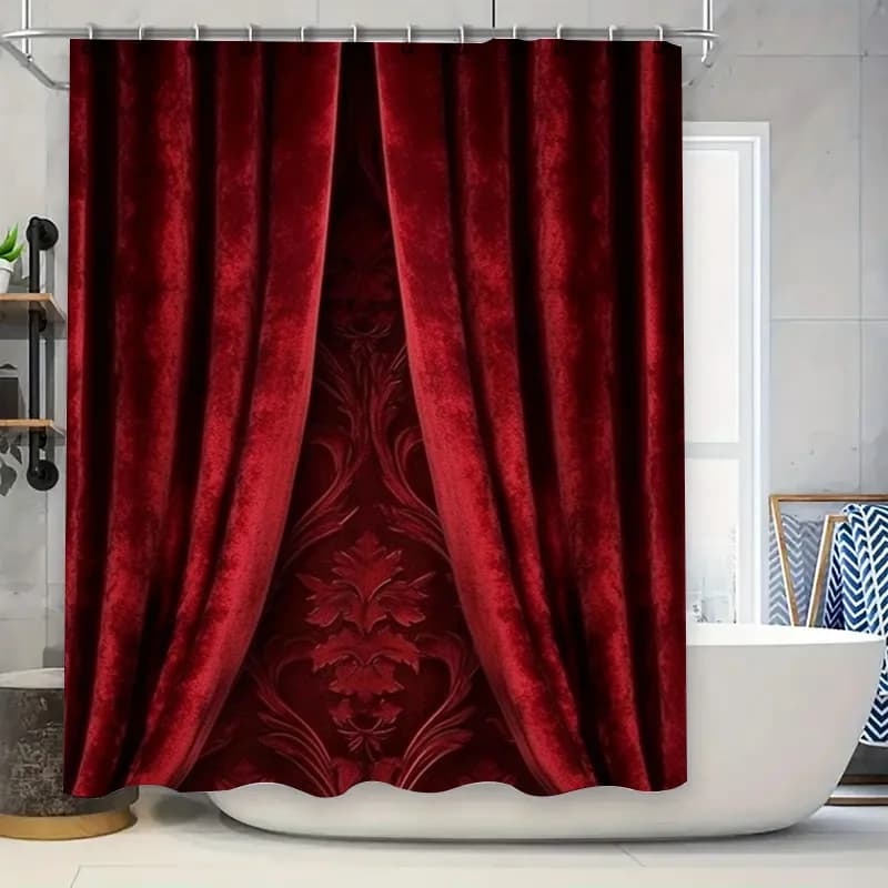 Lussuosa tenda da doccia in velluto con elegante motivo damascato per l'arredamento del bagno, colore rosso vino