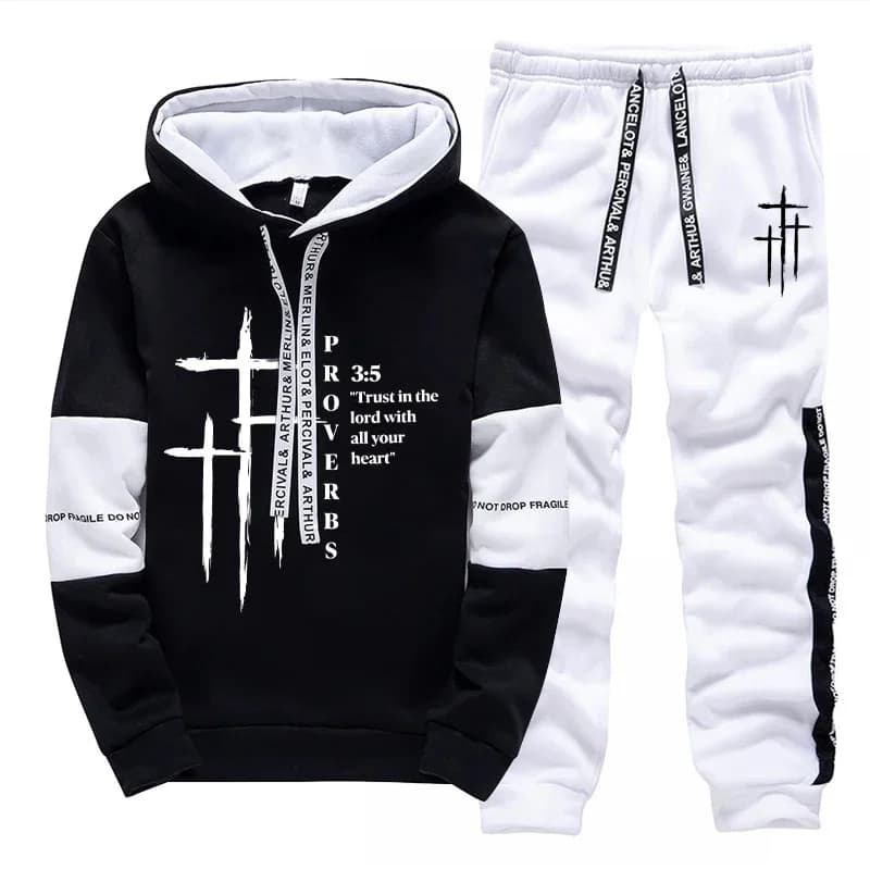 2026 New Arrival Men's Tracksuit Hoodie and Sweatpants 2pcs Set Autumn Daily Casual Sports Hooded Sportswear Cross Print Outfits
